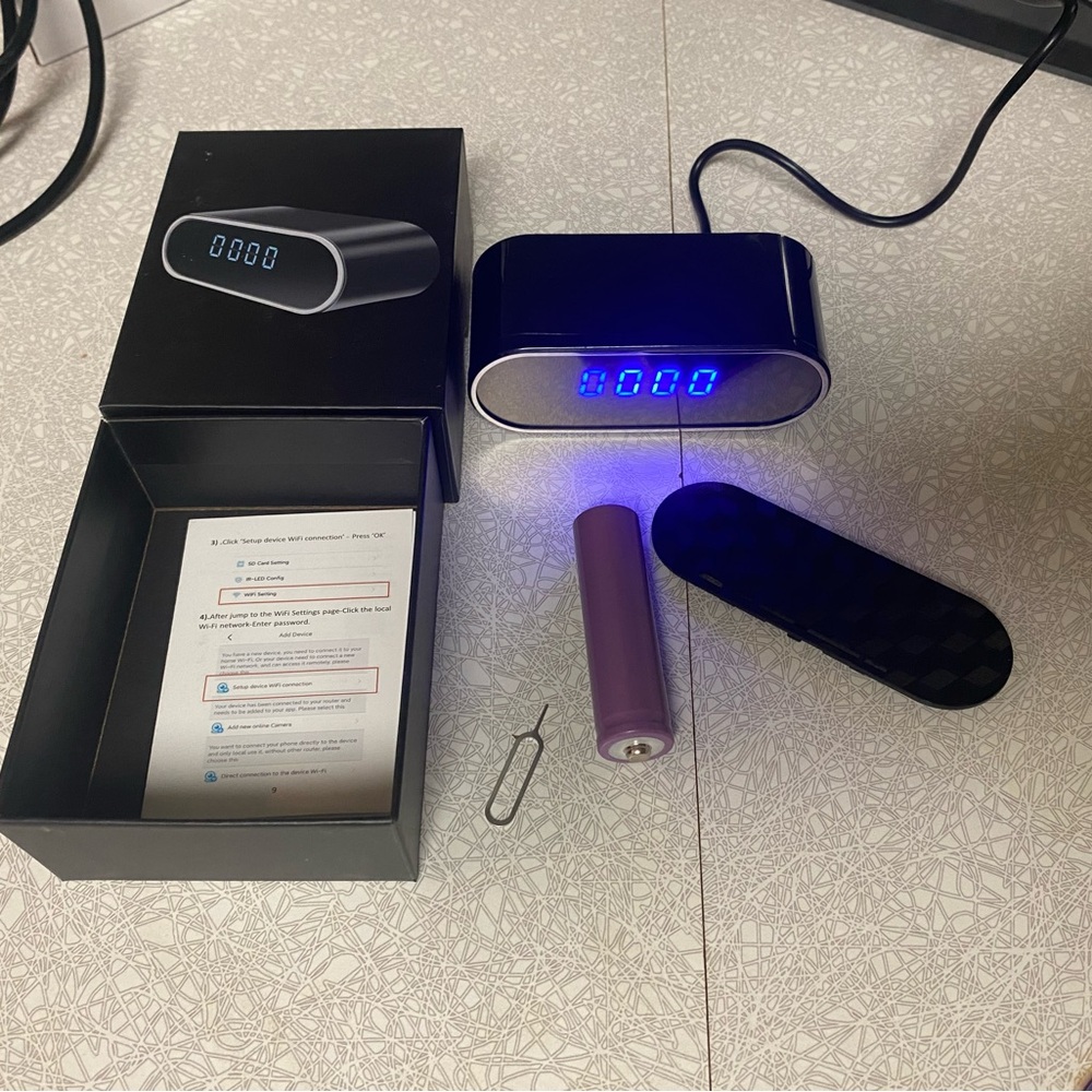 Wireless Mini hidden camera Black Digital Clock with Blue LED Display